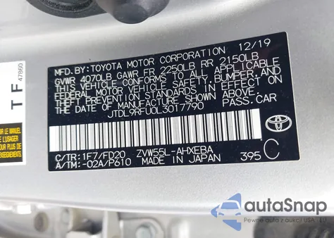 2020 Toyota Prius Le/Xle из США, поврежденный, VIN JTDL9RFU0L3017790